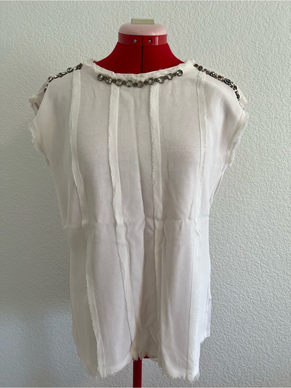 Lanvin White Top Cap Sleeve Blouse with Rhinestones Medium